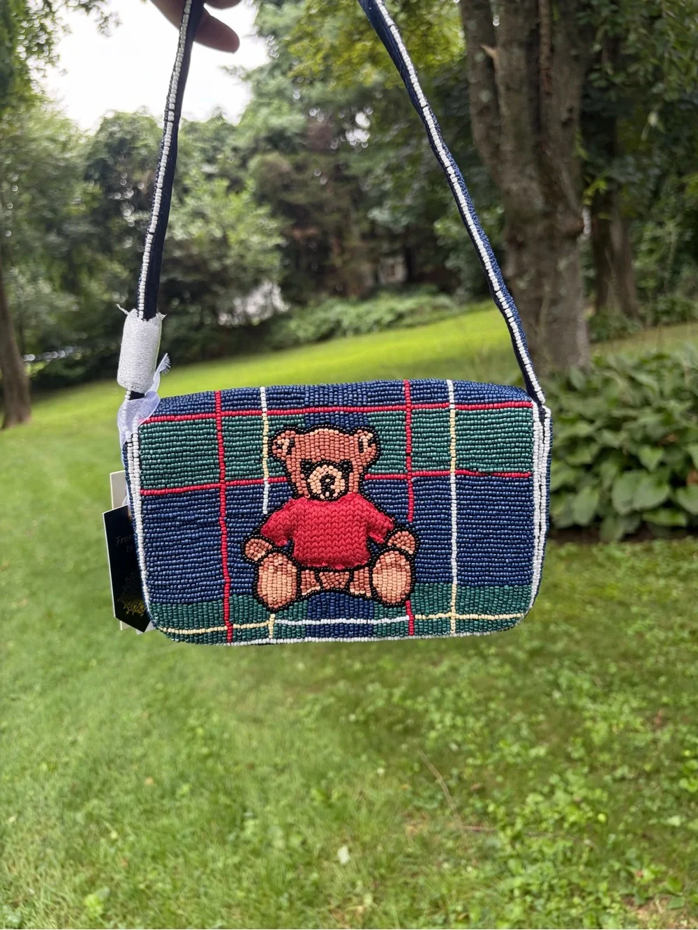 NWT: VIRAL TikTok Beaded Bag Plaid Teddy Bear in Knit Sweater. From India to You
